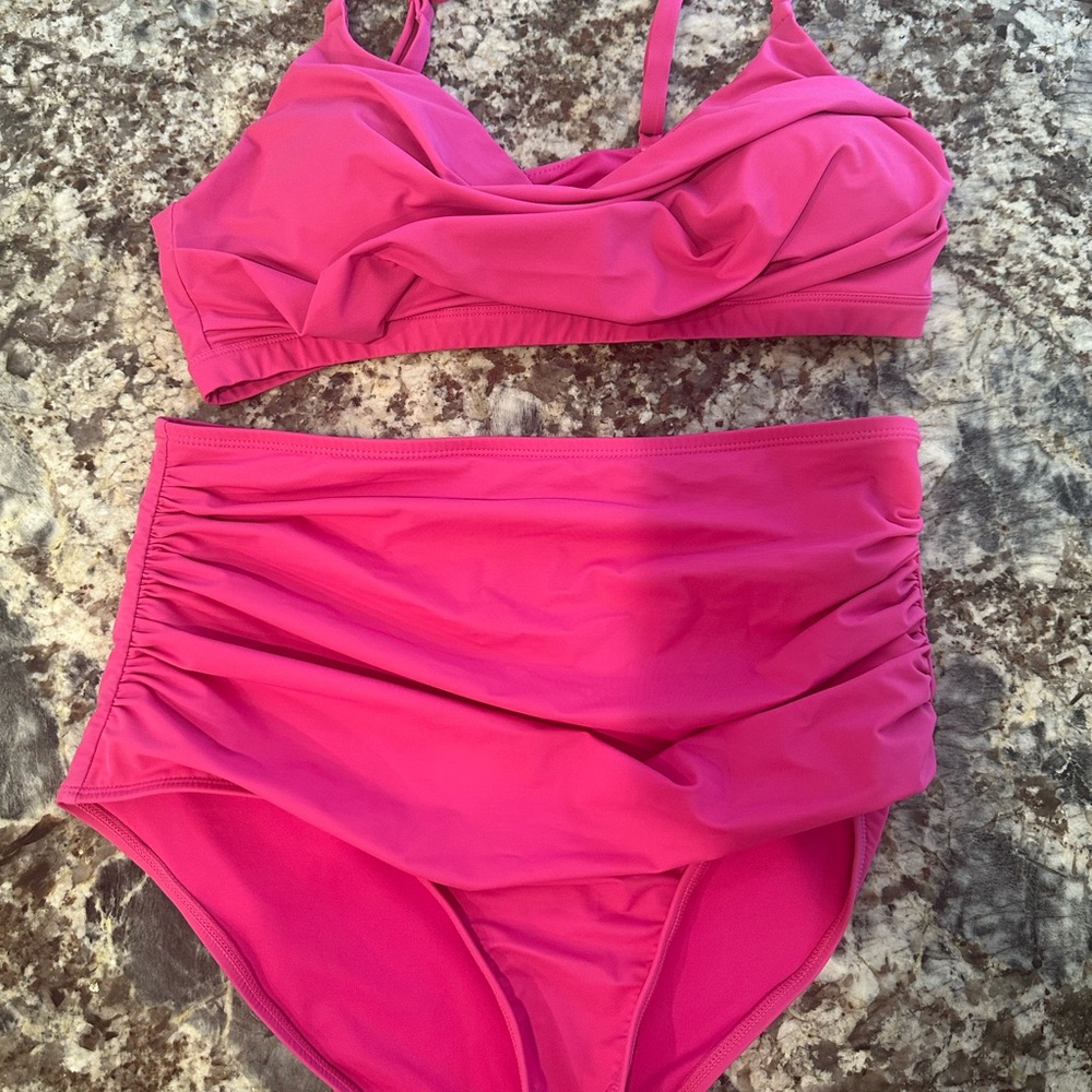 Ruched High-Waist Bikini Set in Hot Pink — Women
